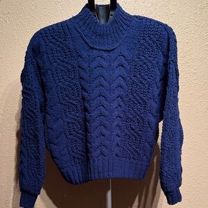 Navy blue cable knit crochet baby soft mock neck sweater women’s small NEW